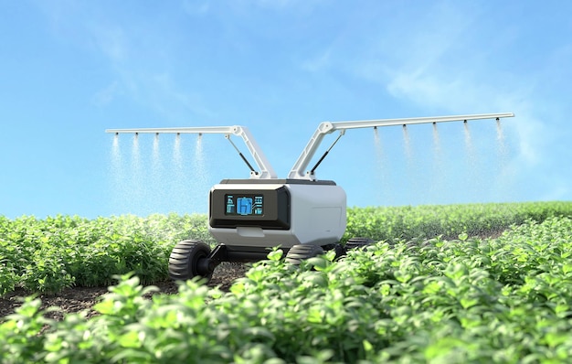 Foto gratuita robot rociando fertilizante en el huerto