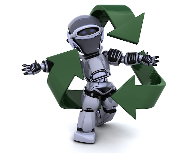 Robot con símbolo de reciclaje 