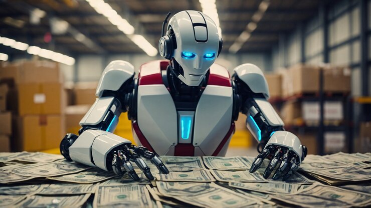 Foto gratuito robot tecnológico avanzado que interactúa con el dinero y las finanzas