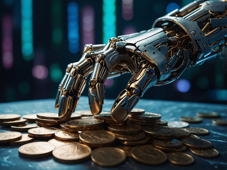Foto gratuito robot tecnológico avanzado que interactúa con el dinero y las finanzas