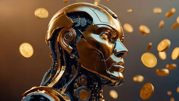 Robot tecnológico avanzado que interactúa con el dinero y las finanzas
