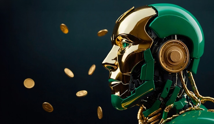 Foto gratuito robot tecnológico avanzado que interactúa con el dinero y las finanzas