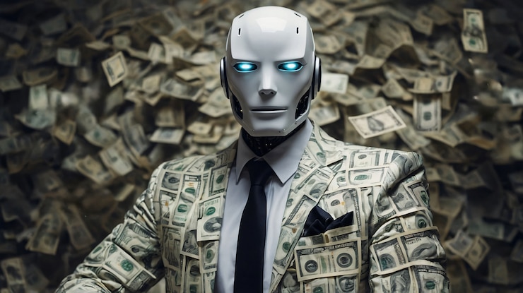 Foto gratuito robot tecnológico avanzado que interactúa con el dinero y las finanzas