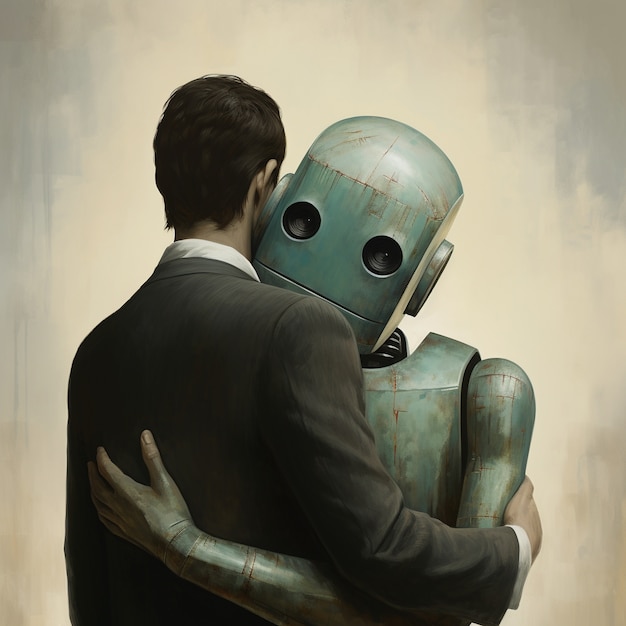 Robot de tiro medio abrazando a un hombre