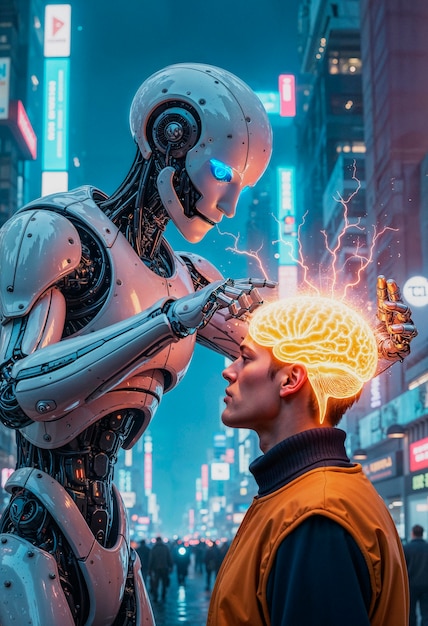 Robot touching human's brain in a cyberpunk city
