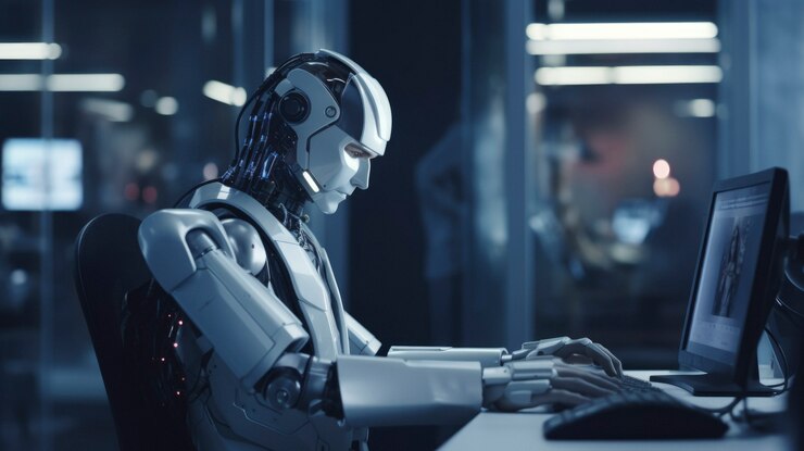 Foto gratuito robot trabajando en la oficina en lugar de humanos.