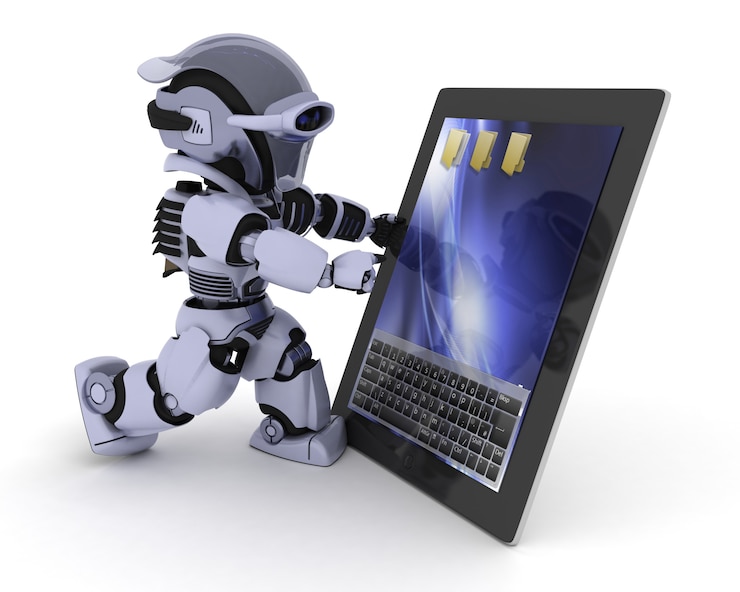 Photo Gratis robot with a digital tablet