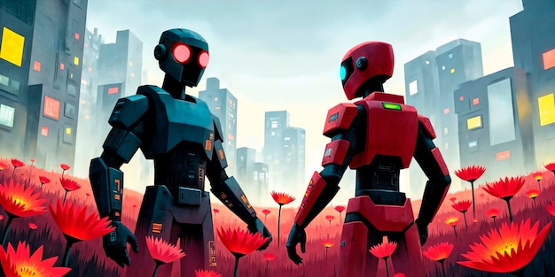 Robots in a cyberpunk city