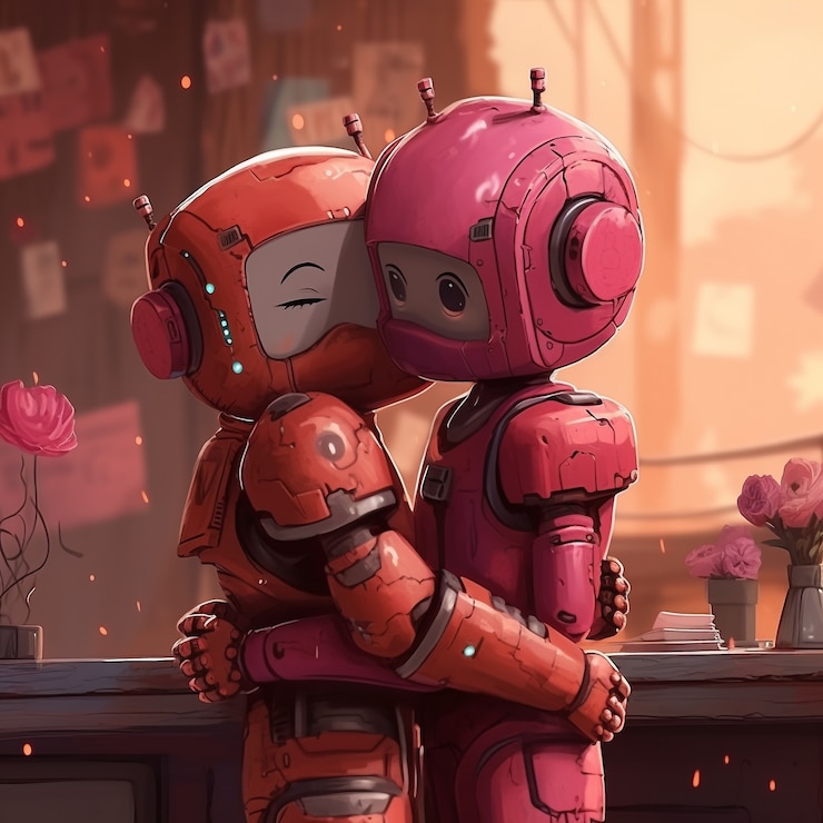 Foto gratuito robots de plano medio abrazando un mundo de fantasía.
