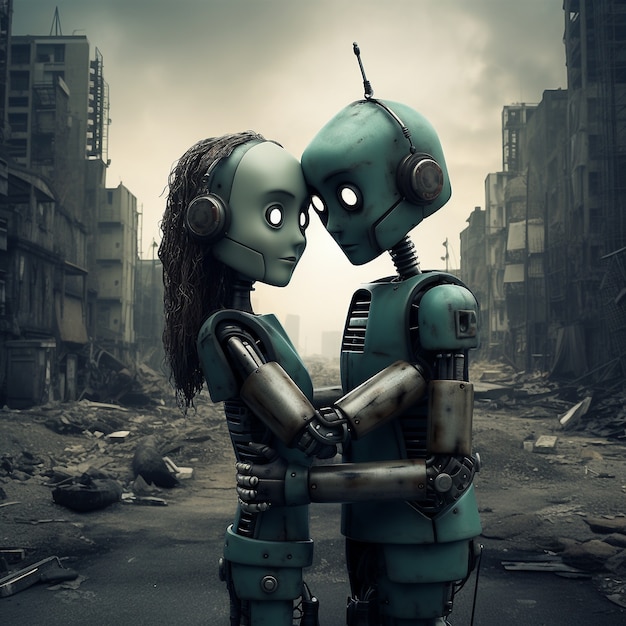 Robots de plano medio abrazando un mundo de fantasía.