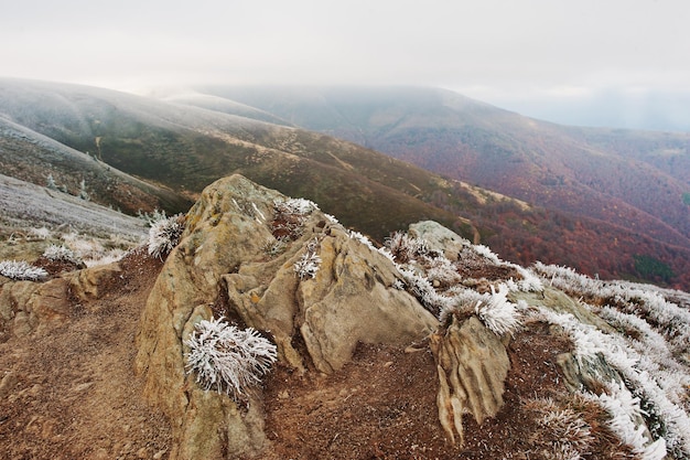 Foto gratuita roca congelada en la colina de la montaña en las montañas de los cárpatos