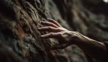 Foto gratuita roca de mano que busca el éxito en el alpinismo extremo generado por ia