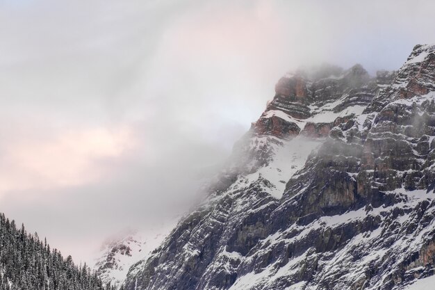 Rocas cubiertas de nieve y el oscuro cielo nublado