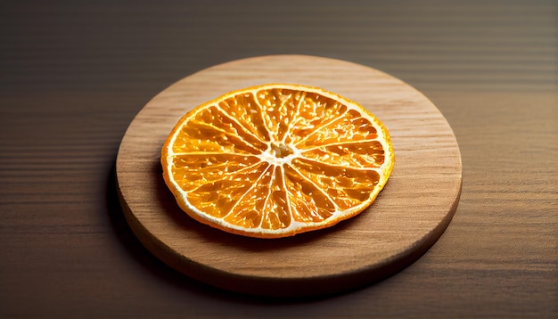 Foto gratuita una rodaja de naranja se sienta en un plato de madera.