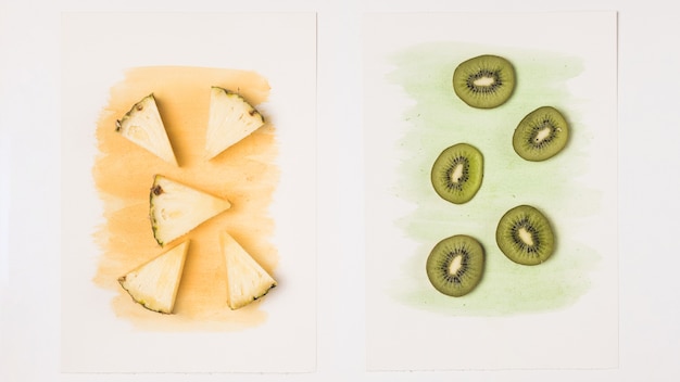 Rodajas de piña y kiwi sobre acuarela pintada.