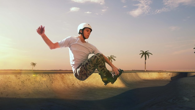 Rollerskater hombre está realizando trucos en skatepark al atardecer