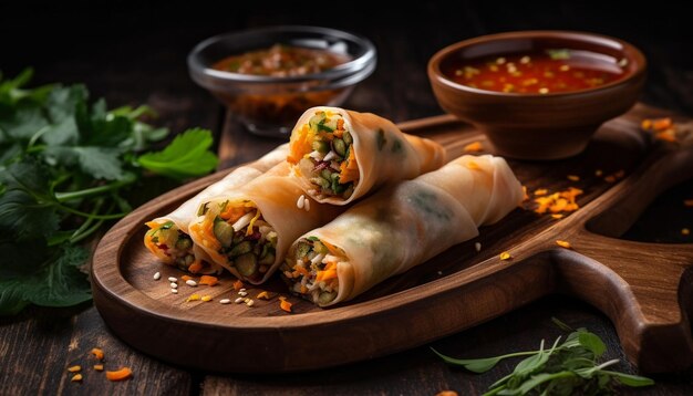 Rollitos de primavera frescos con carne y verduras envueltos en papel de arroz generados por IA