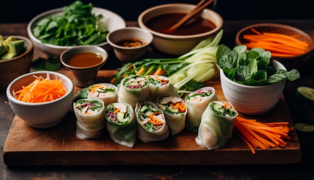 Foto gratuita rollo de primavera de verduras frescas con salsa salada casera y palillos generados por ia