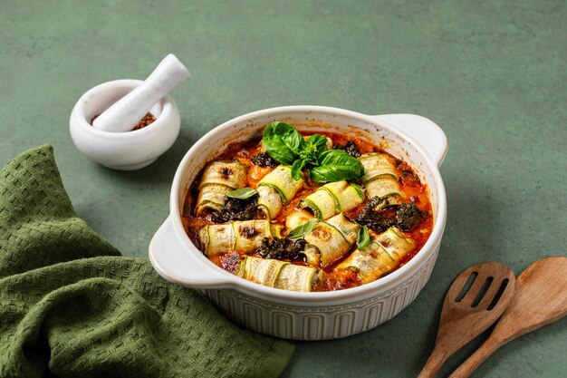 Rollos de lasagna de calabacín rellenados con ricotta horneados en salsa de tomate