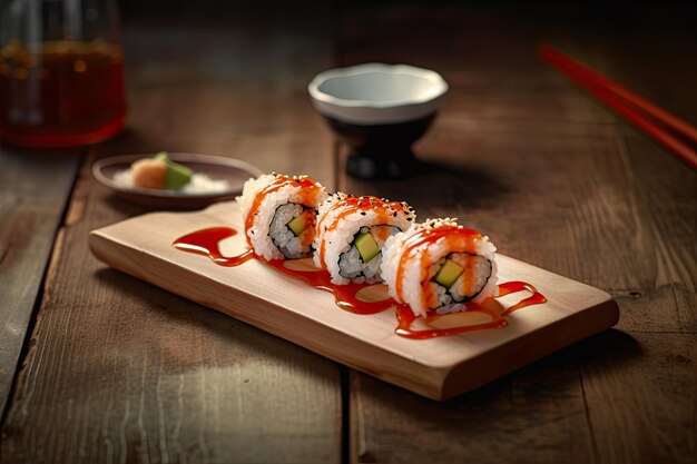 Rollos de sushi de salmón y arroz en una mesa de madera en el restaurante Ai generativo