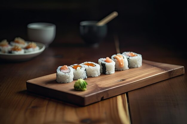 Rollos de sushi de salmón y arroz en una mesa de madera en el restaurante Ai generativo