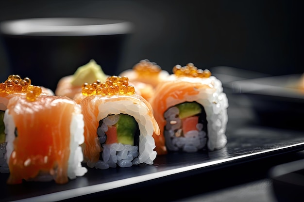 Rollos de sushi de salmón y arroz en una mesa de madera en el restaurante Ai generativo