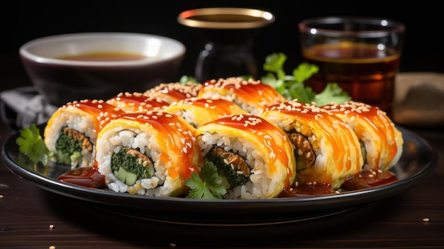 Foto gratuita rolos de sushi de tempura crujiente servidos con un acompañamiento de salsa de soja