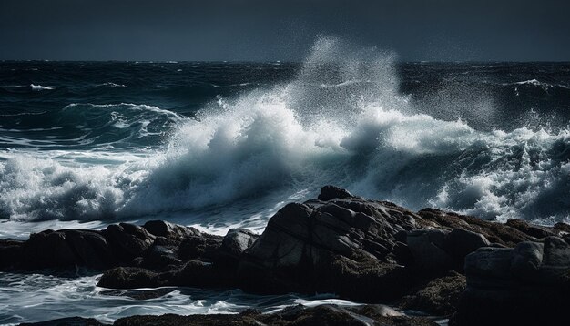 Rompiendo olas rocían espuma en la costa rocosa generada por IA