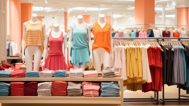 La ropa de verano de las mujeres, como pantalones cortos y faldas, se exhibe en grandes tiendas minoristas