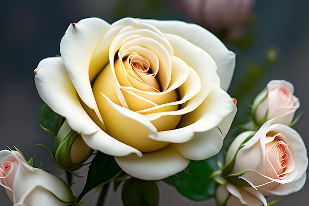 Una rosa blanca está frente a un ramo de otras flores.