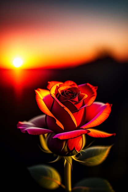 Foto gratuita una rosa roja está frente a una puesta de sol.