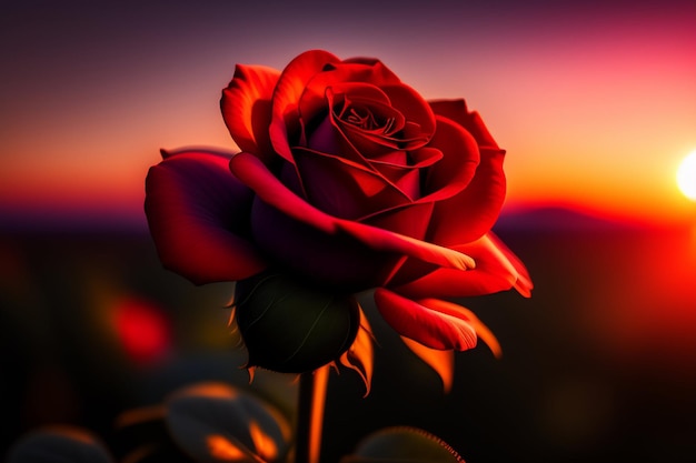 Foto gratuita una rosa roja está iluminada por el sol poniente.