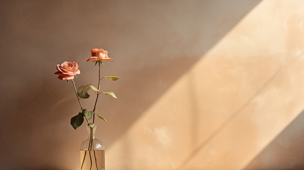 Rosas en jarrón bajo la luz del sol.