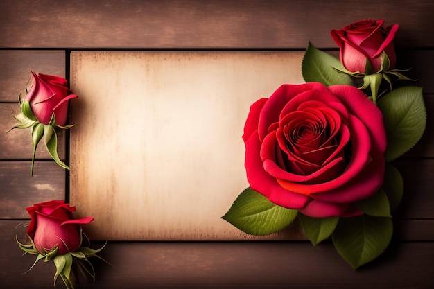 Rosas rojas en un papel en blanco con una página en blanco para tu texto
