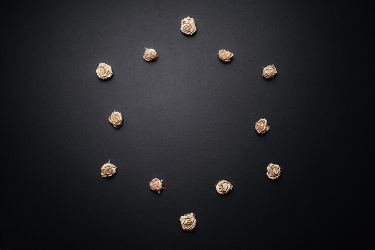 Foto gratuito rosas secas dispuestas en un círculo sobre fondo negro de madera.