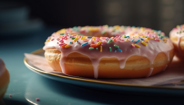 Rosquilla con glaseado de fresa y chispas generadas por IA