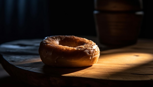 Rosquillas recién horneadas en una mesa rústica de madera generada por IA