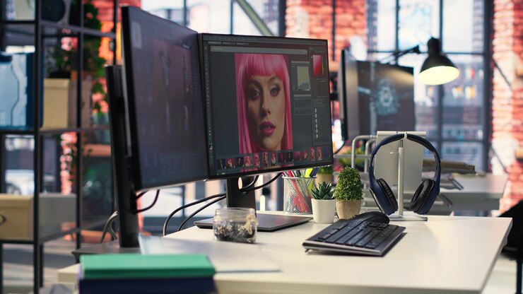 Photo Gratis ruang kerja kantor modern yang dilengkapi untuk desain digital dan editor foto