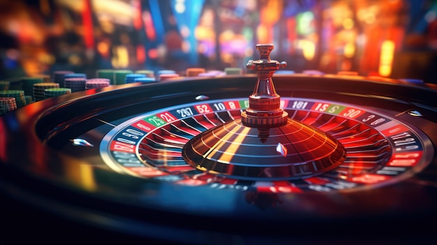 Foto gratuita la rueda de la ruleta reluce en medio del bullicioso piso del casino