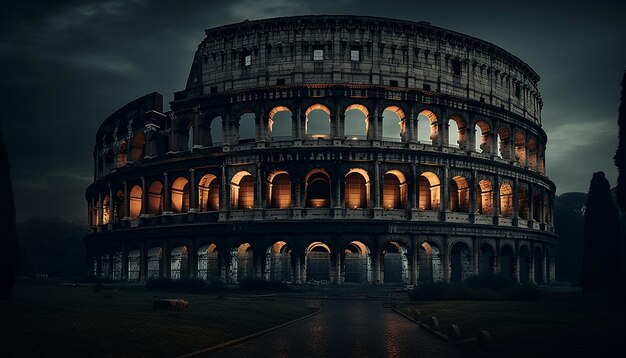 Ruinas antiguas iluminadas representan la majestuosa cultura italiana generada por IA