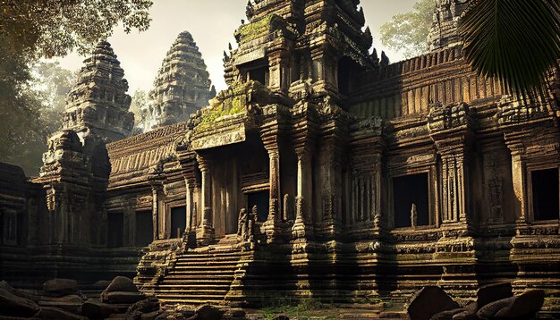 Ruinas antiguas de la legendaria civilización Khmer de Angkor generadas por IA