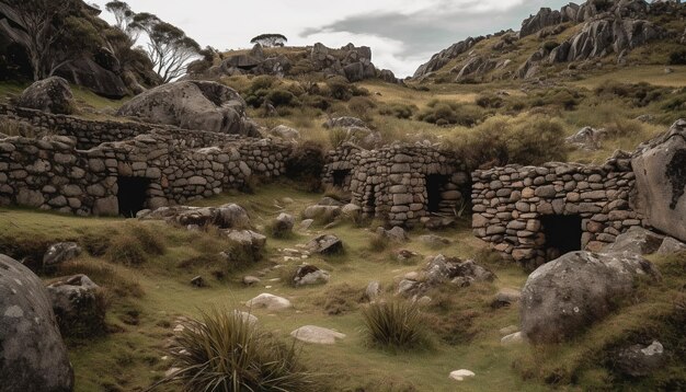 Ruinas antiguas en un lugar famoso de la naturaleza montañosa generado por IA