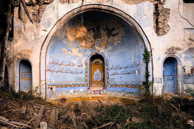 Ruinas de la mezquita azul y amarilla rodeadas de vegetación y madera en el este de Turquía
