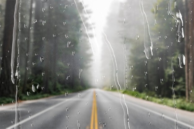 Ruta natural a través de la ventana con gotas de lluvia.