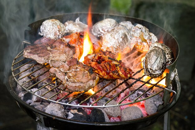 Sabrosa carne de carne apetitosa fresca en la parrilla de cocina en el fuego abierto en la rejilla de la parrilla. Fondo De La Naturaleza. De cerca.