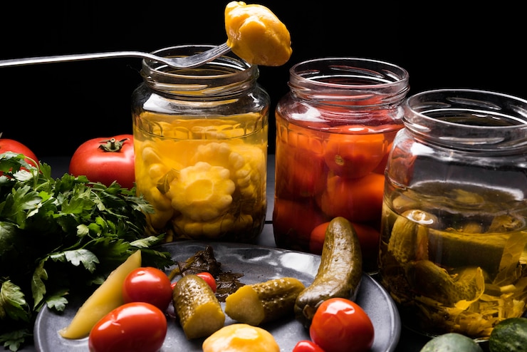 Foto gratuito sabrosas verduras en conserva en placa