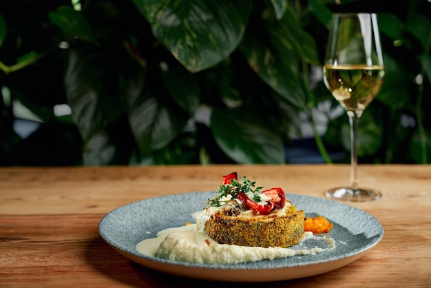 Sabroso pescado empanado con puré y verduras a la plancha