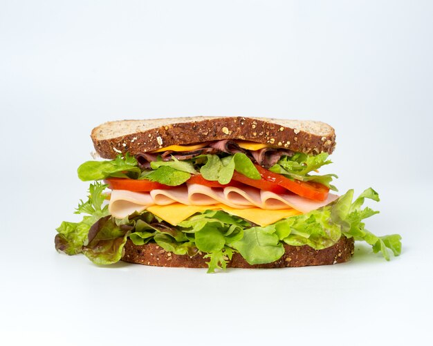 Sabroso sándwich con verduras, jamón y queso.