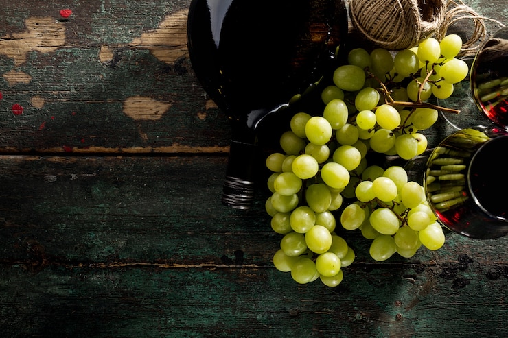Foto gratuito sabroso vino tinto fresco en vidrio con uva y botella de vino