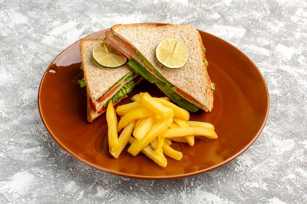Sabrosos sándwiches con ensalada verde, tomates, papas fritas dentro de la placa marrón en la mesa de luz